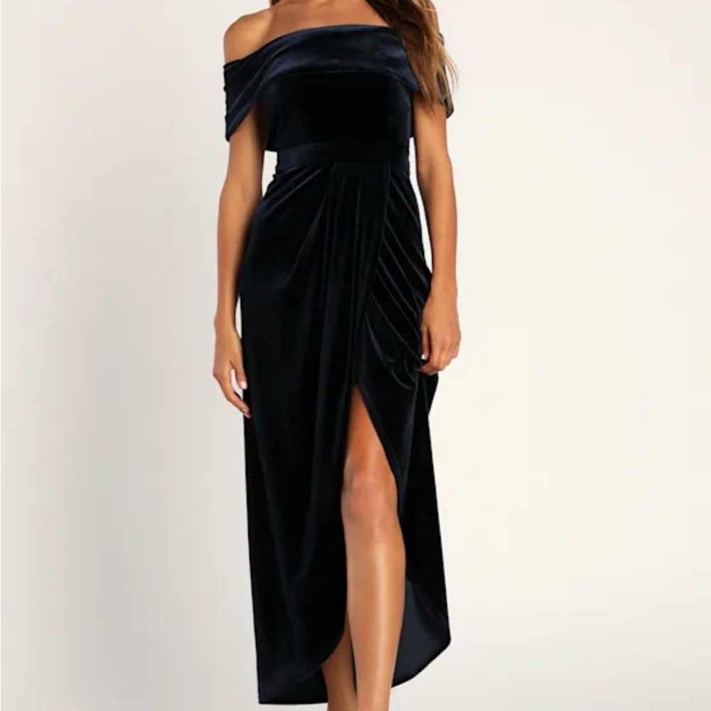 Lulu's I’m Enchanted Navy Blue Velvet Off the Shoulder Dress